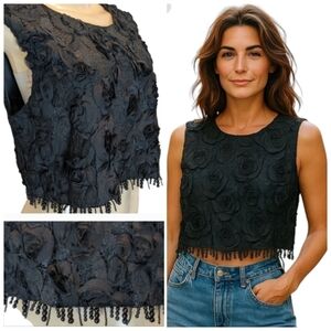 Immi Black Rosette Lace Satin Cropped Beaded Fringe Dressy Tank Top Women's Lg